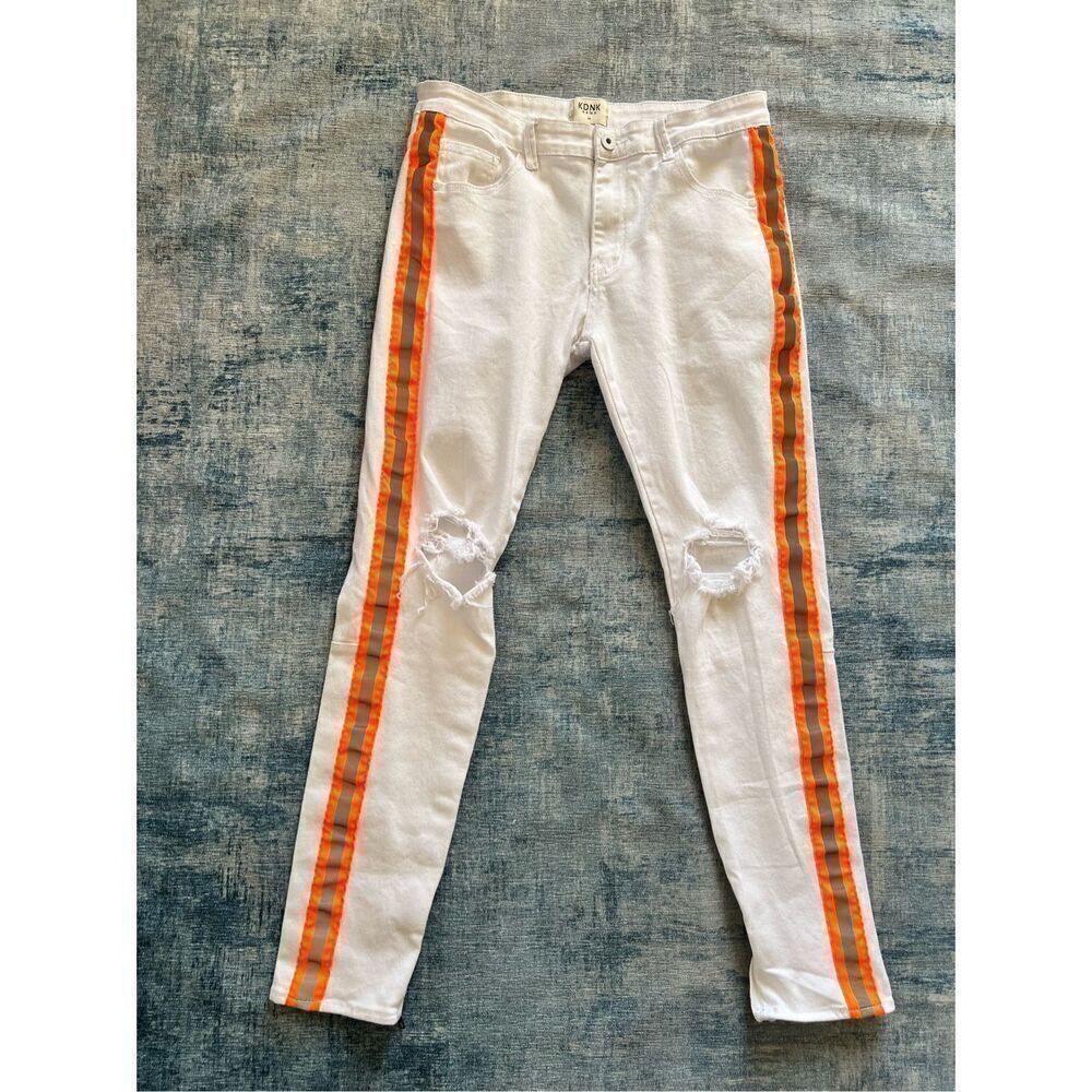 KDNK Distressed White Orange Reflective Stripe Skinny Jeans Men's 34